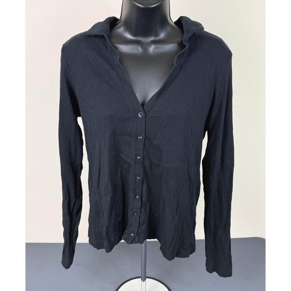 Treasure Bond Women's Ribbed Button Front Knit Collared Top Black Size Large